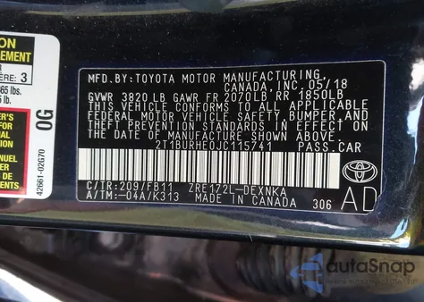 2018 Toyota Corolla Le from USA, damaged, VIN 2T1BURHE0JC115741